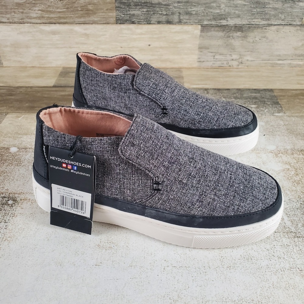 Hey Dude Peyton Womens Loafers Shoes Sz 7 Chambray Black Gray Canvas Slip On